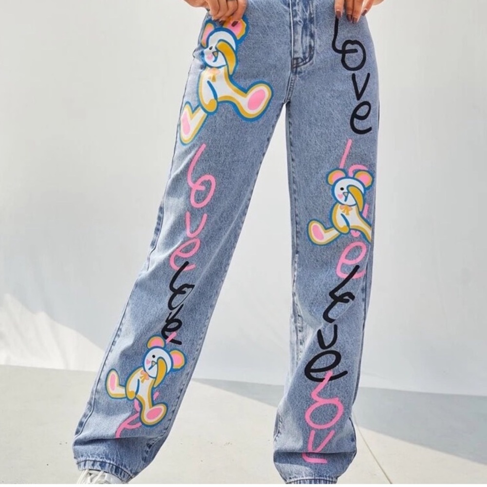 SHEIN Blue Flare & Wide Leg Artistic Jeans Cartoon Bears Size Large
